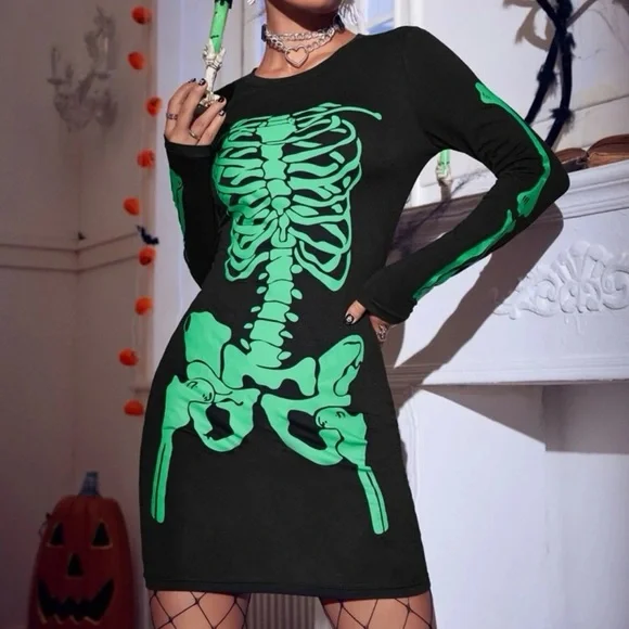 Neon green skeleton bones Bodycon stretchy dress Halloween black light resistant - Picture 4 of 14